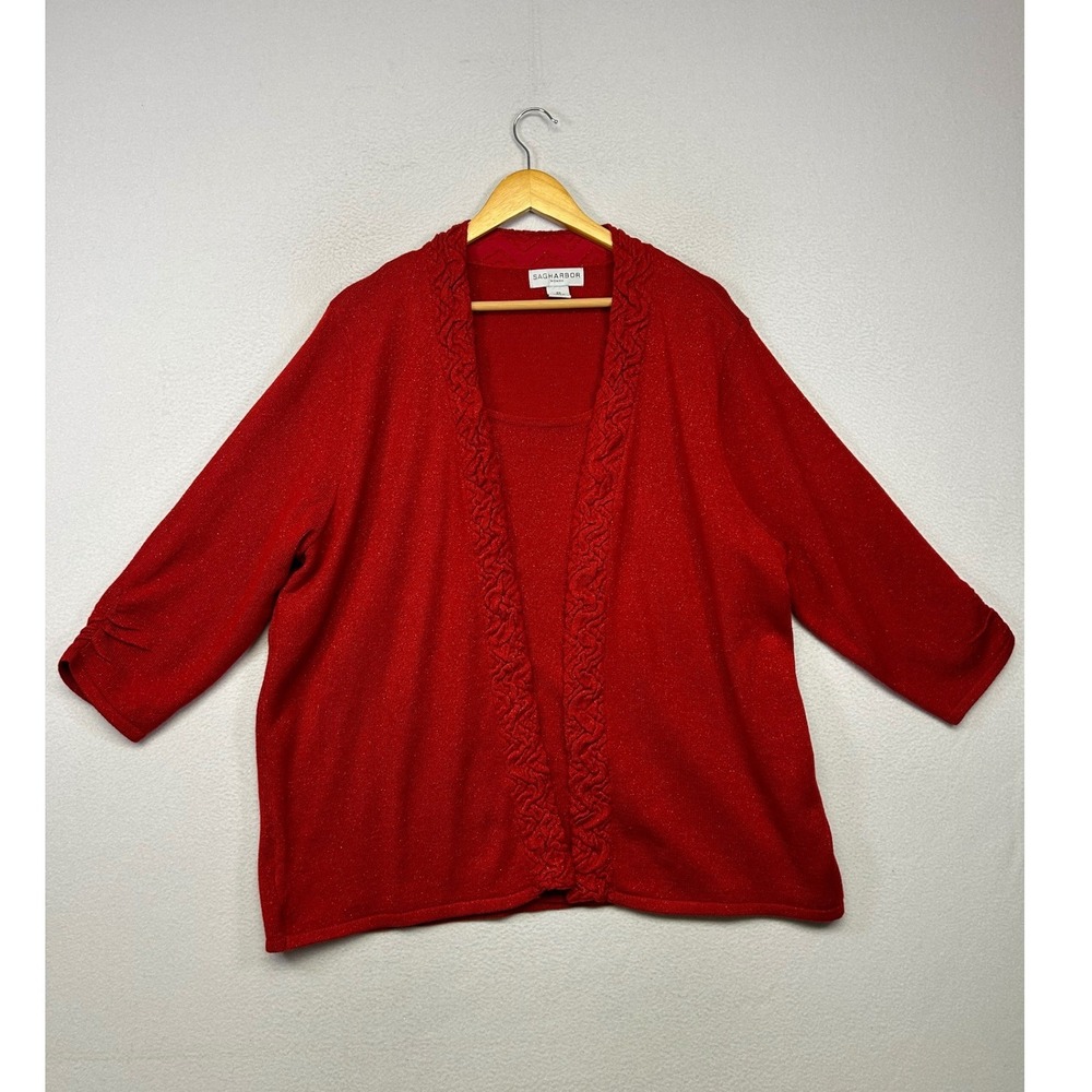 Holiday Glam Sag Harbor Woman 3X Red Metallic Shimmer Open Front Cardigan